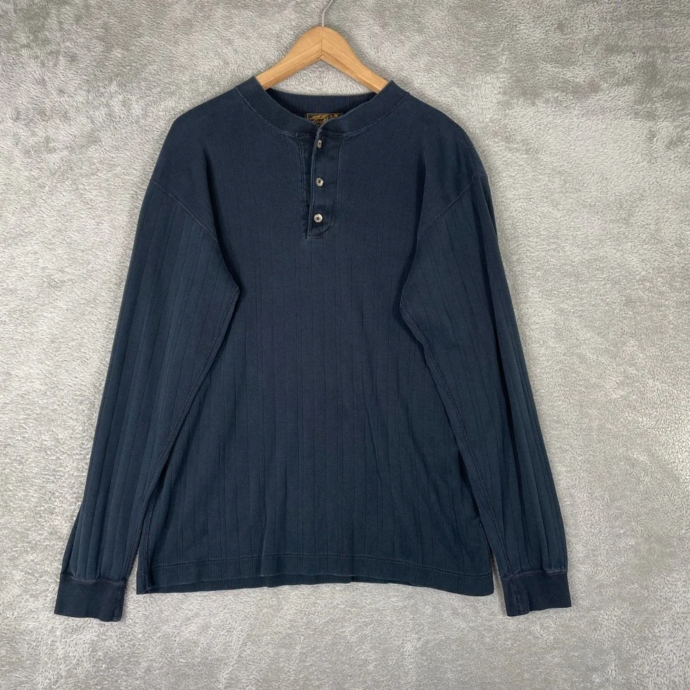 Eddie Bauer Henley Mens Large Blue Ribbed Cotton Outdoor Workwear Vintage Canada